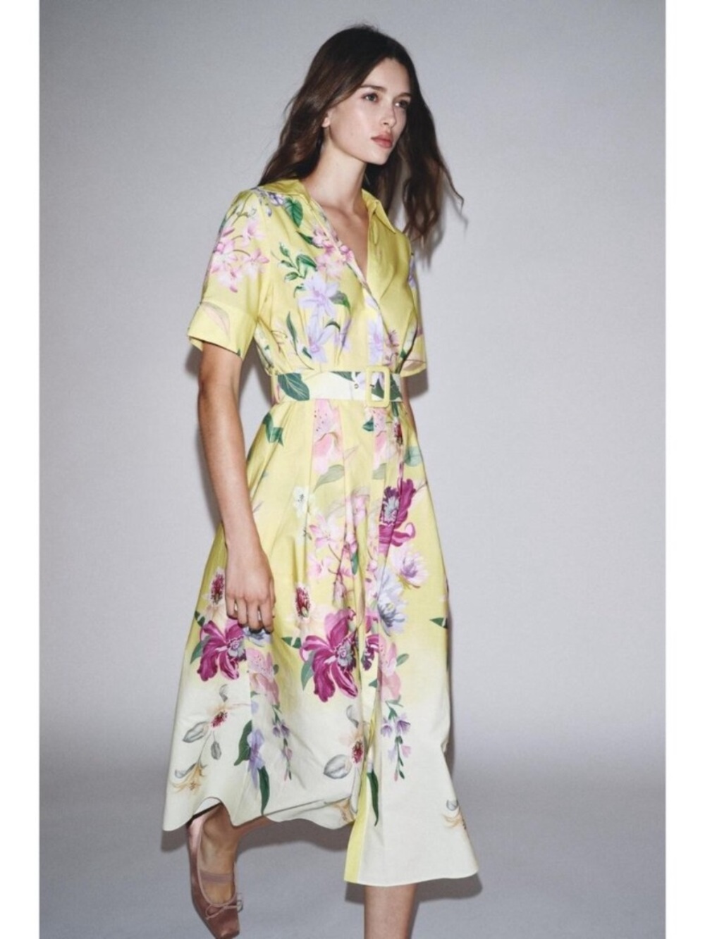 Zara Yellow Floral Midi Shirt Dress with Belt